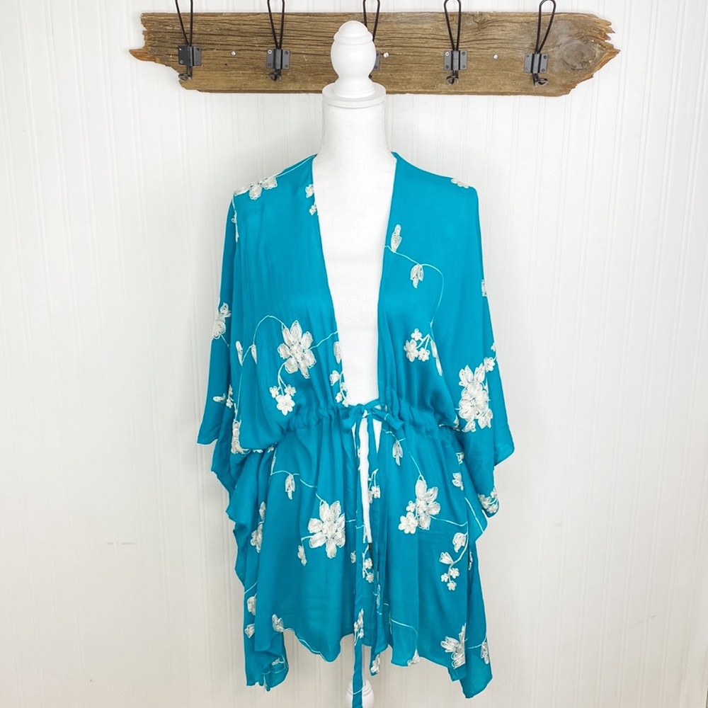 Umgee Teal Floral Kimono Cardigan with Cream Embroidery